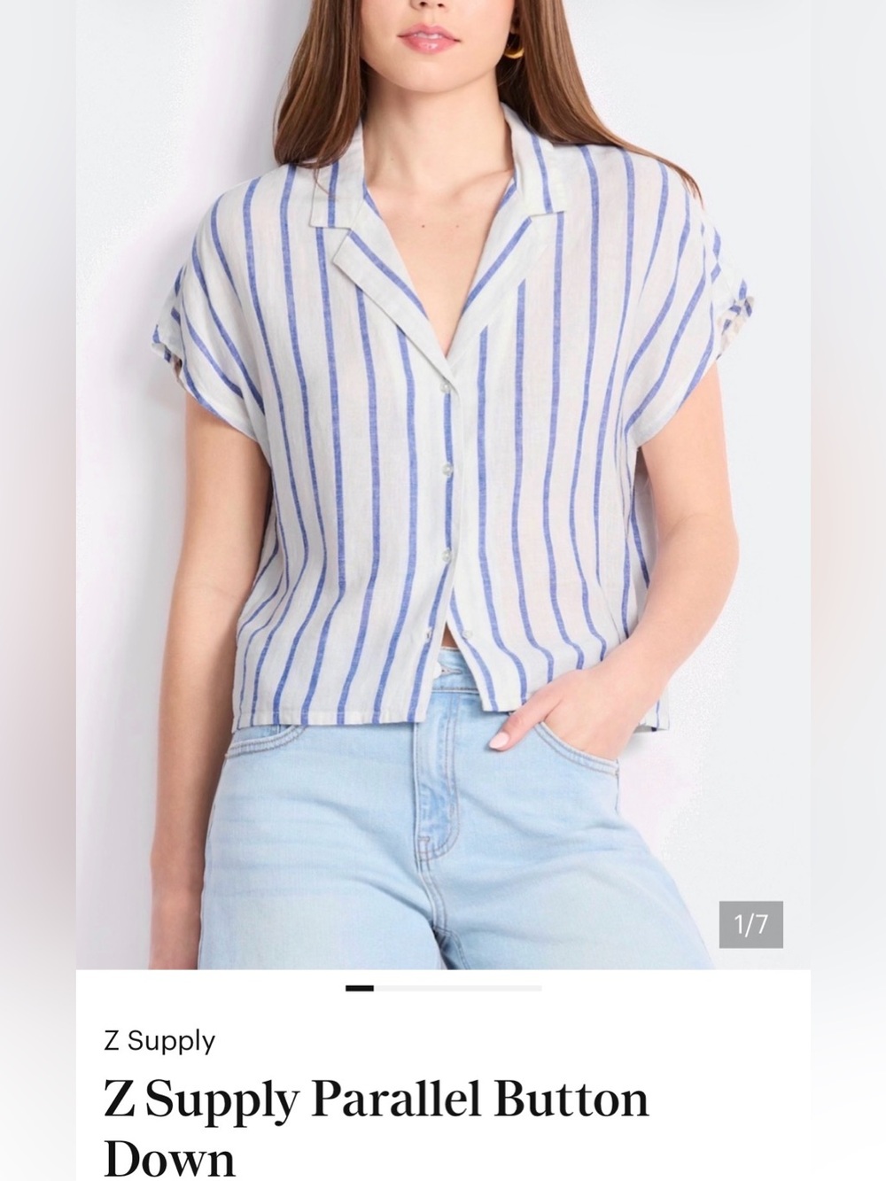 Z Supply Blue & White Striped Short-Sleeve Button Down Top Size S